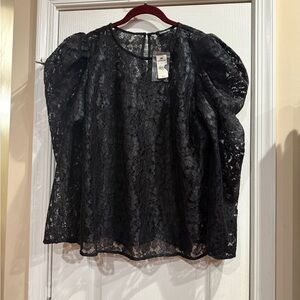 Express Black Lace Puff-Sleeve Blouse